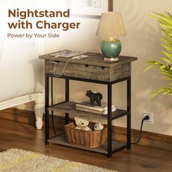 End Table with Charging Station, Narrow Nightstand, Flip Top Side Table with USB Ports and Storage Shelves for Small Spaces, Living Room, Bedroom, Gre