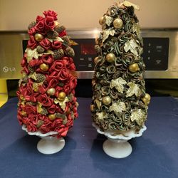 Two MCM Christmas Trees On Ceramic Stands 1960s