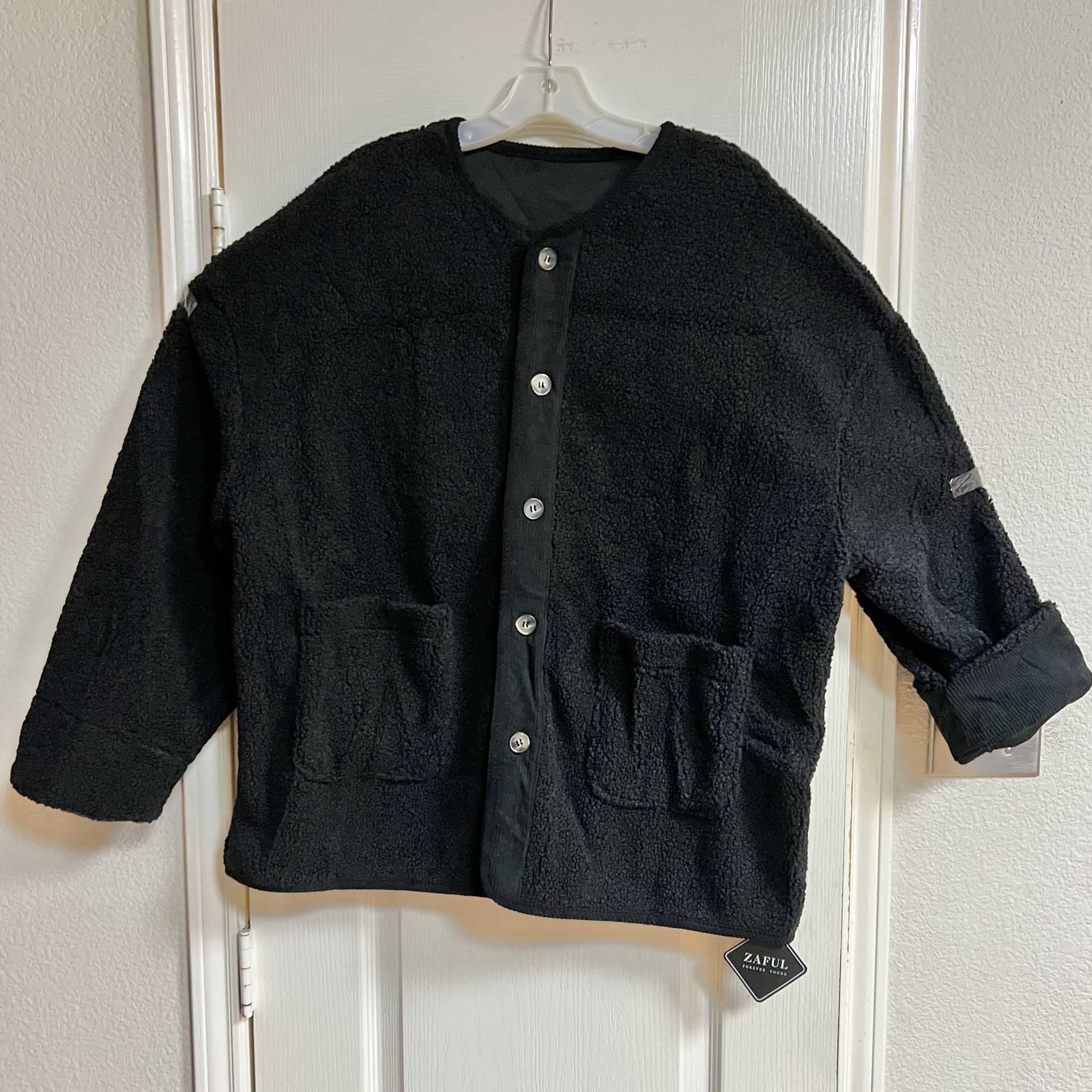 Unisex Coat long sleeve Coat Faux Fur outer and polyester lined inside, black button up XL