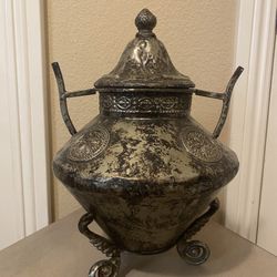 Twin Handle Metal Urn Silver Brass Decor with Cover 