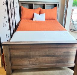 Full size Rustic Wood Bed Frame with Bookcase Headboard and a tall dresser with plenty of storage.
