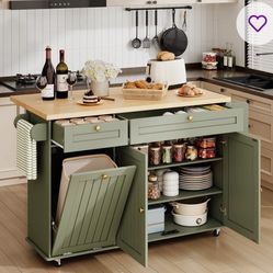 Kitchen Island with Two Large Storage Cabinets And Drawers, Locking Wheels