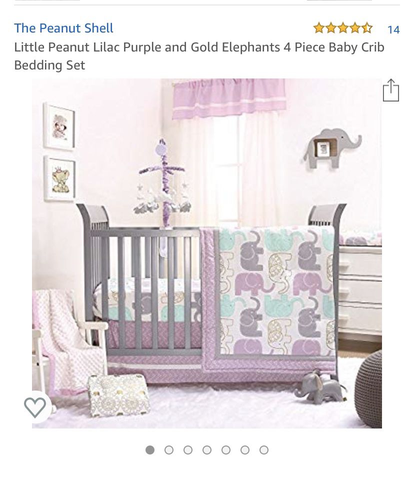Baby girl crib bedding / elephant hanging night light/ glass elephant piggy bank/ and gray fur rug