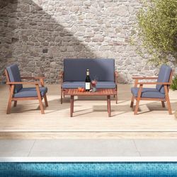 Solid Wood 4pc Outdoor Conversation Patio Furniture Set