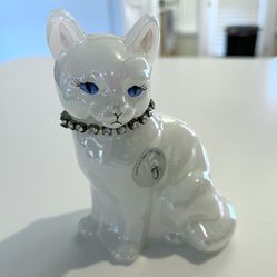 FENTON Cat Hand Painted White Iridescent With Clear Stone Rhinestone Collar. Signed J McCloud