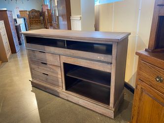 Rustic Oak Media Console With Metal Bar