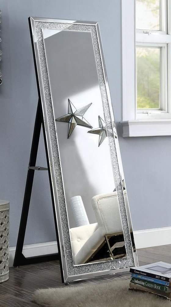 GLAM BLING Silver Floor FULL LENGTH VANITY DRESSING ROOM Mirror with Faux Stones Inlay / ESPEJO