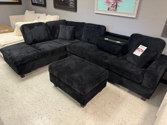 BLACK SOFT CORDUROY SECTIONAL WITH OTTOMAN COUCH SET