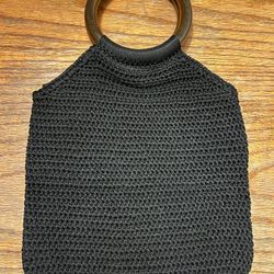 Medium Hobo Rounded Bottom Croquet Knit Design Purse Dual 2 Handles Shiny Wood