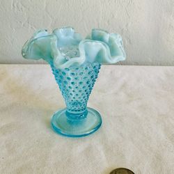 Vintage Fenton Art Glass Aqua Blue Opalescent Hobnail Ruffled Vase