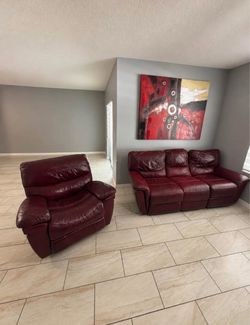 Burgundy Leather Reclining Sofa and Chair Set