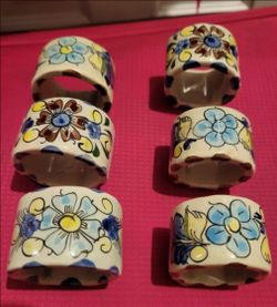 Set of 6 Napkin Rings* Mexican Tonala Pottery *  Ken Edwards * Floral