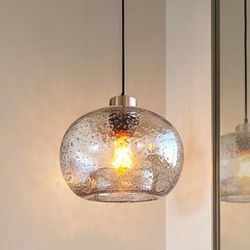 Glass Pendant Light, Clear Black Seeded, Brushed Nickel HandBlown Ceiling Hanging Fixtures , 8.7in