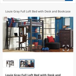 Louie Gray Full Loft Bed | Desk & Bookcase – $199