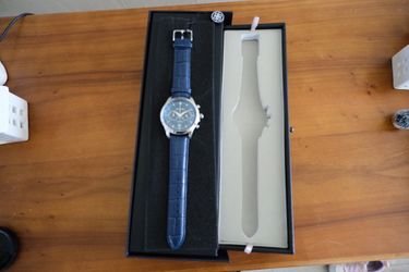 BOLVAINT Chronograph Blue Dial Leather Band Men's Watch Silver Case