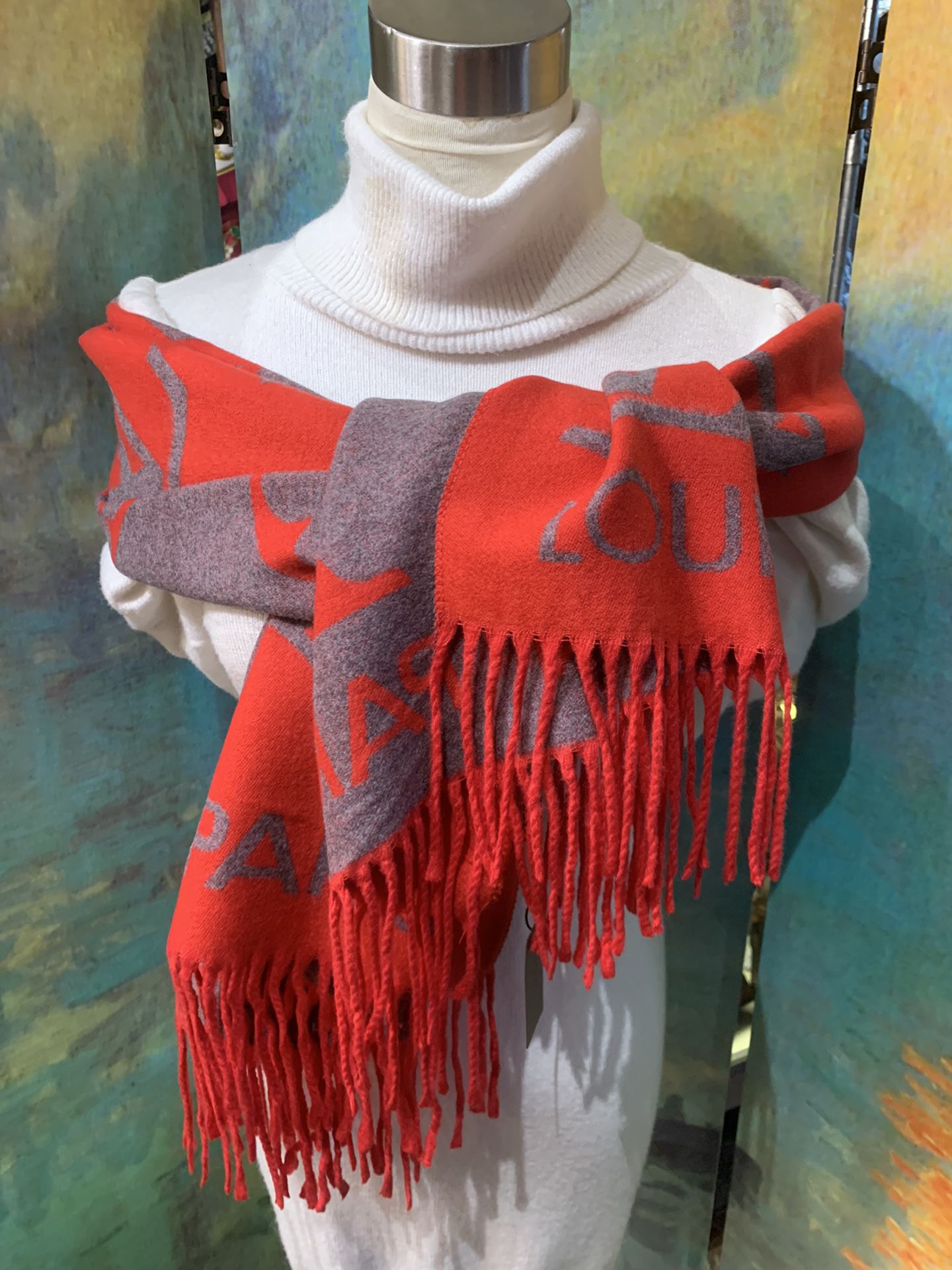 NWT Louis Vuitton bicolor red/gray unisex Cashmere long scarf as new never worn