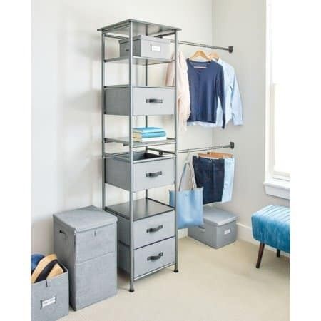 Idesign Modular Closet Storage System, Graphite Description:NEW IN BOX 4 Open-air shelves 4 Collapsible drawers with faux leather handles Each rod