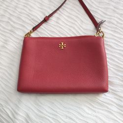 Tory Burch Kira Pebbled Top-zip Crossbody Purse Red