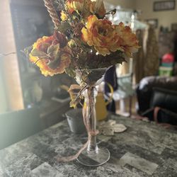 Tall Glass Vase Faux Flowers Accent Piece 