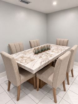 Marble-Top Dining Table with 6 Chairs