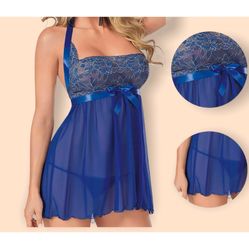 Women’s Blue Lingerie Dress Nightgown Set Thong Babydoll 