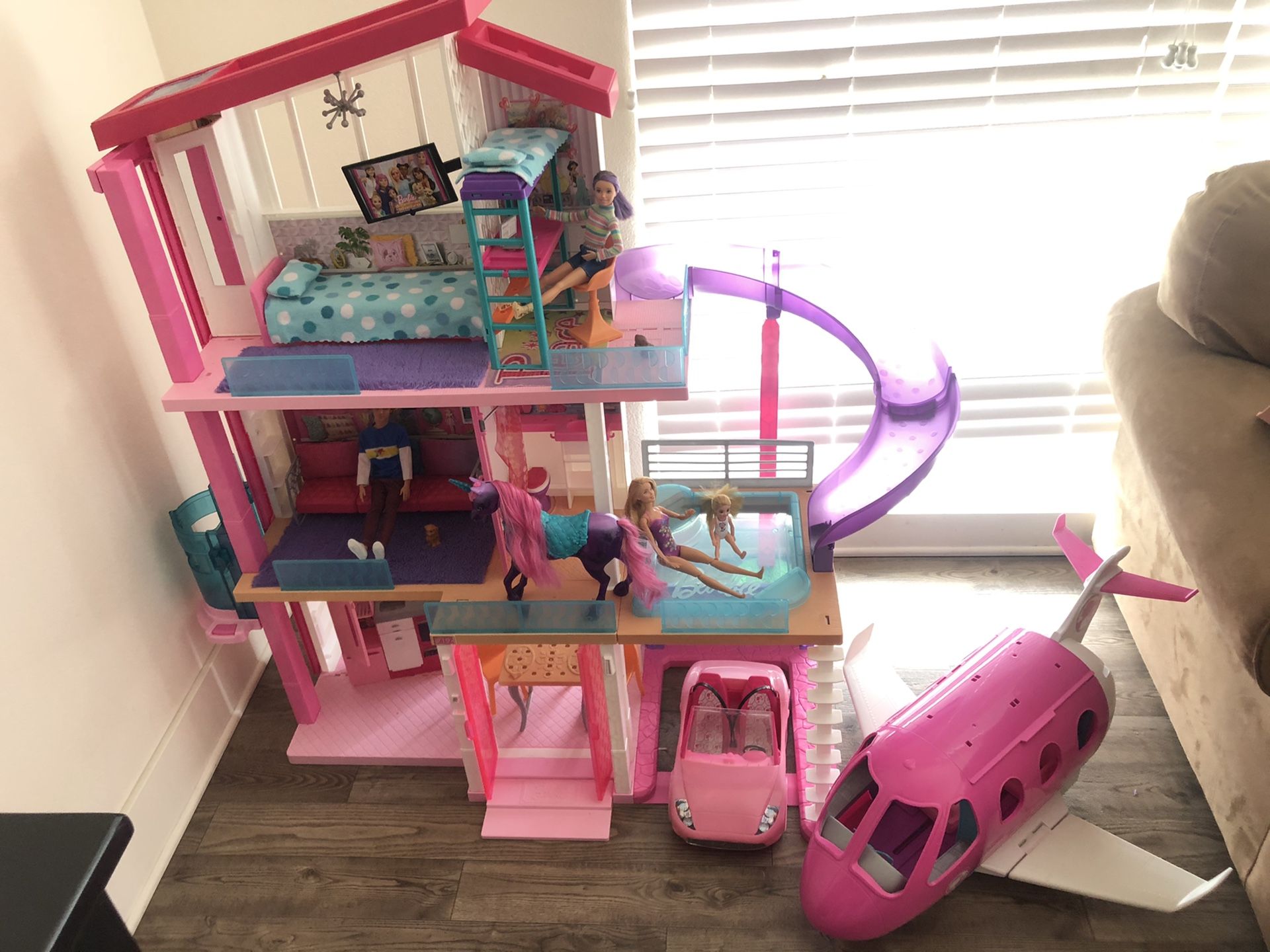 Barbie House with furniture, Barbie dolls, Barbie furniture, Barbie car, Barbie horse, and Barbie airplane