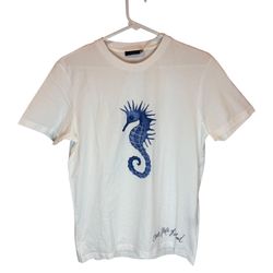 White Kampos T-Shirt with Blue Seahorse Design – Ocean-Explora Exclusive Graphic Tee Medium