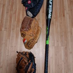 Rawlings Baseball Bat. With  Gloves