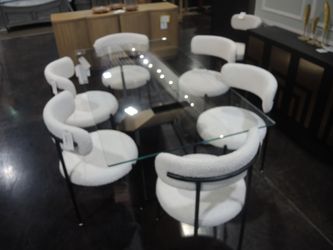 Modus AERE 7-Piece Glass Dining Set - Rectangular Glass Table & 6 Boucle Chairs