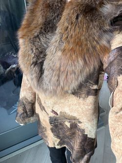 Charfen Sheepskin Patchwork Coat with Detachable Fur Collar
