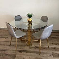 Gray Gold Velvet Glass Dining Set For 4