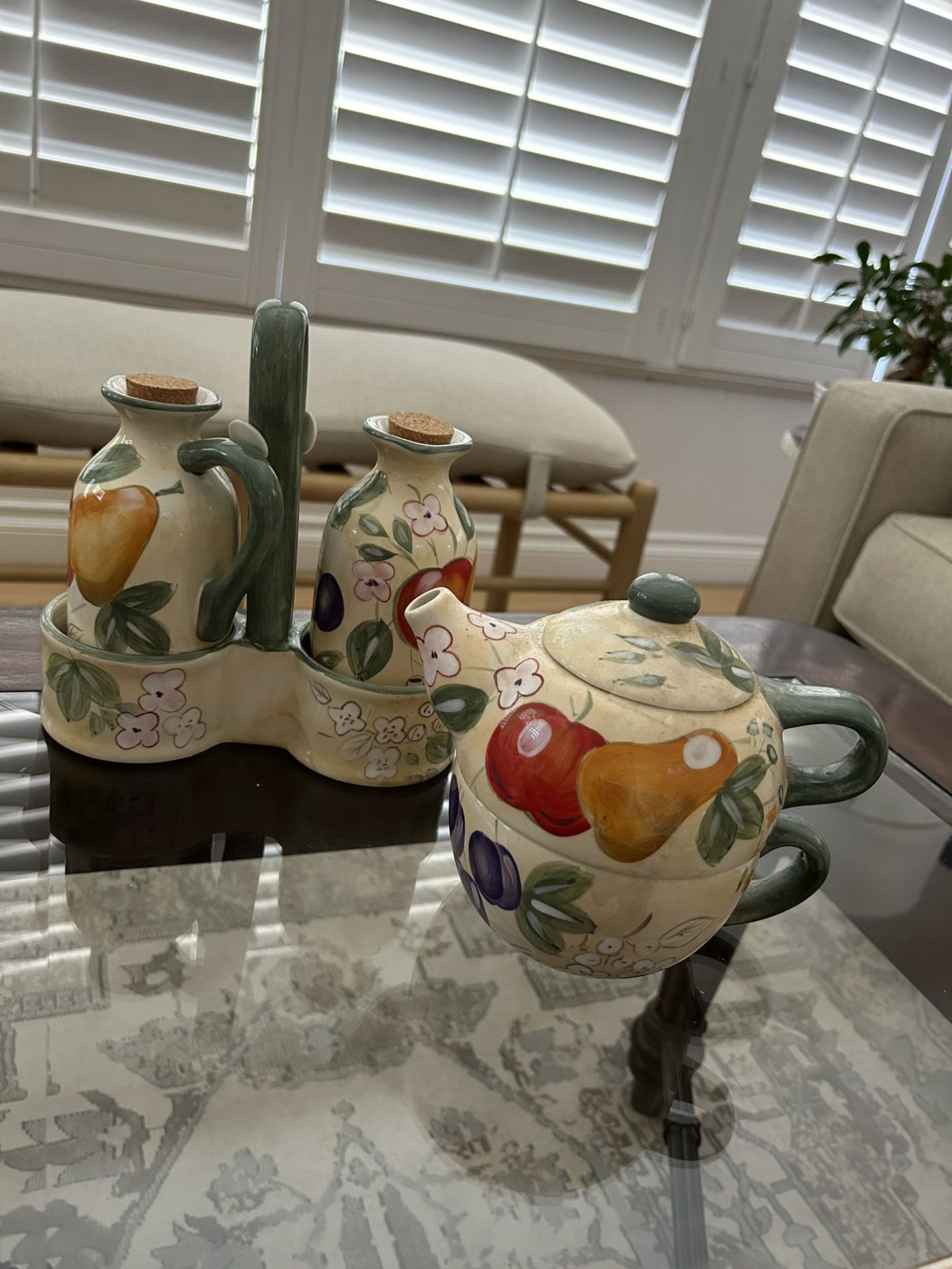 Olive Oil and Vinegar Bottle set With matching Tea Kettle and mug set