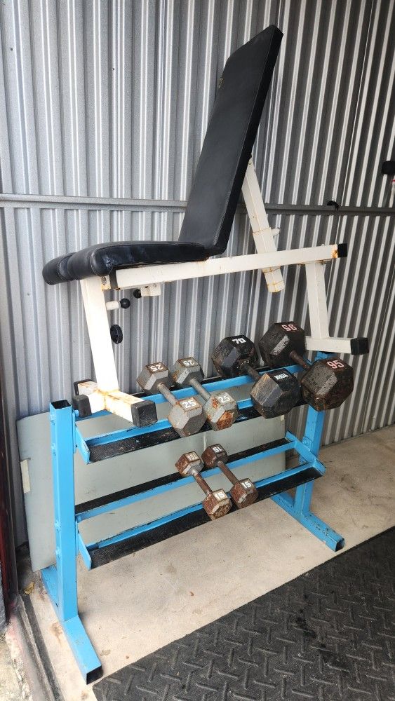 Iron Metal Gym Dumbells Accessories plus Reclynable Bench