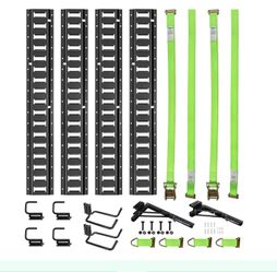 E-Track Tie-Down Rail Kit, 4 Pack 8ft Etrack Rails(48 Slots), 18 Pcs Includes 2 Ratchet Straps & 4 Tie-Offs & 2 Double J Hooks & 4 J-Hooks & 2 Shelf B