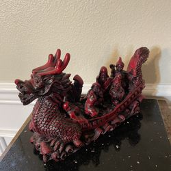  Vintage Red Resin Stone Dragon Boat Statue 