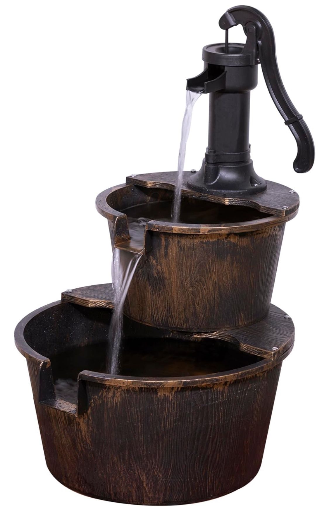 2-Tiered Barrel and Pump Water Fountain, Old-Fashioned Fountain, 27", Bronze, Outdoor Floor Rustic