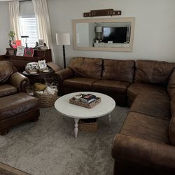 Leather Sectional Couch, Chair & Ottoman