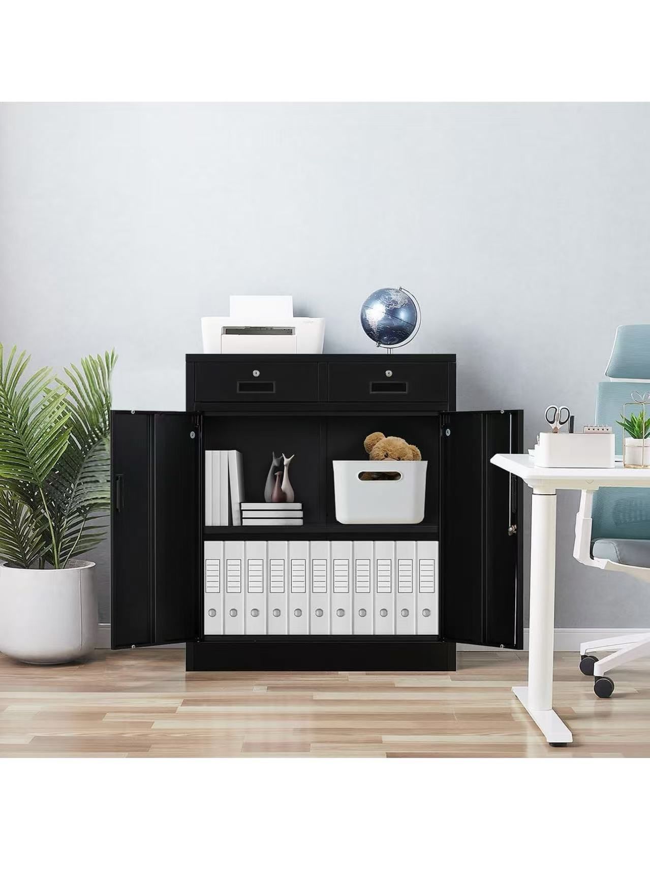 ❤️ Metal Storage Cabinet, Locking Storage Cabinet with Doors and 2 Drawers, Metal Cabinets for Office/Home/Garage 36.2" H x 31.5" W x 15.7" D (Black)