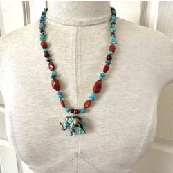 Brass Elephant Pendant Carnelian Jasper Turquoise Necklace 