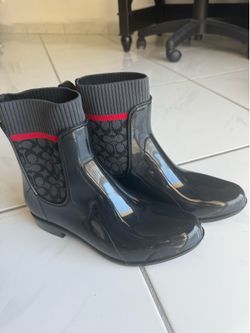 Coach Signature Rain Boots Black Logo Stretch Pull-On Sock Style G5255 Sz 7
