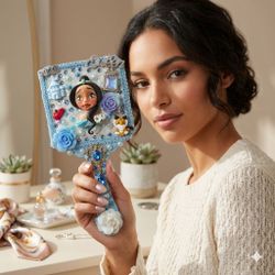Princess Jasmin Handheld Beauty Makeup Mirror Clay Doll Embellished Fashion Blue