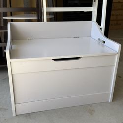 New Basket Bench-Top Wooden Toy Box in Gray – Safe Storage Chest with Safety Hinge Side Handles and Front Slot 