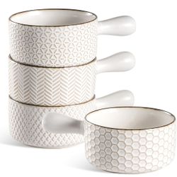 French Onion Soup Bowls - 20 Oz Ceramic Soup Crocks with Handles - Embossed Stoneware Bowls for Soup Chili Beef Stew - Microwave Dishwasher Oven Safe 