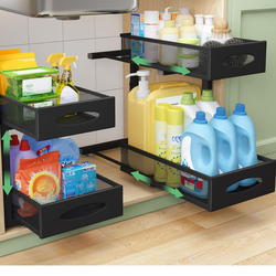 Under Sink Organizer, 2 Tier Pull out Cabinet Organizer Baskets with Mesh Sliding Drawers, Slide out Storage Shelf for Home, Kitchen, Bathroom, Pantry