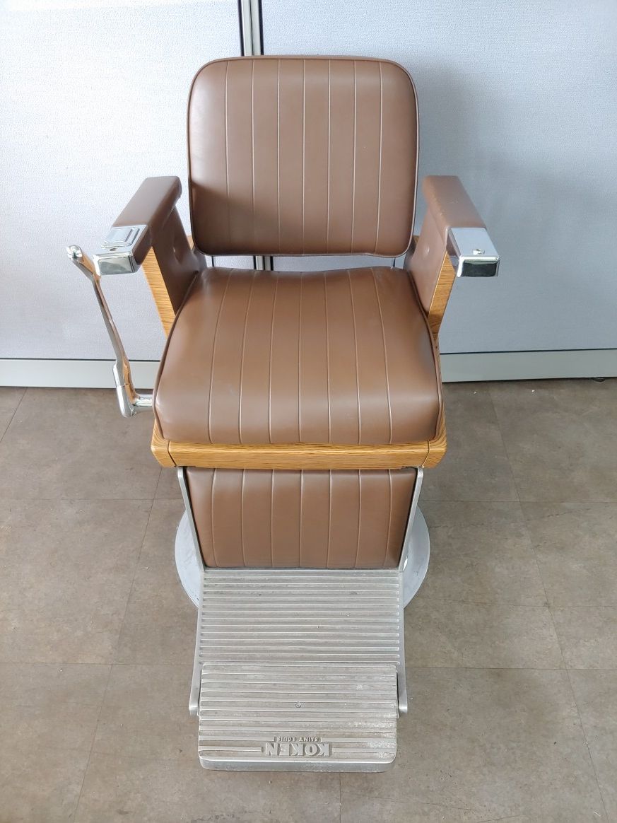 Koken Barber Chair BP 845 Brown Leather Seat with side wood and St