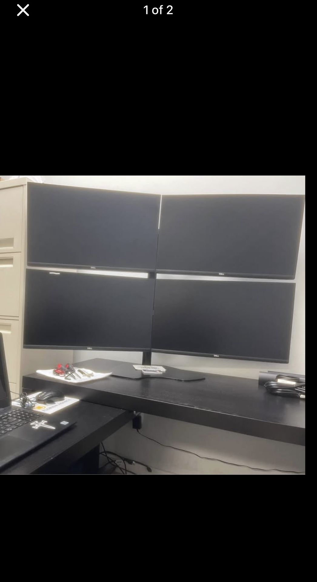 4 DELL 27” monitors and DS100 QUAD-MONITOR DESK STAND 4-MONITORS SQUARE 2UP/2DOWN 1-BASE