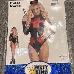 Naughty nurse costume. Vinyl with mesh crosses comes with headpiece.