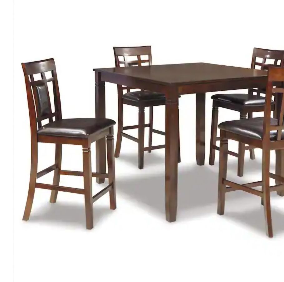 Bennox 5-Piece Faux Leather/Wood DRM Square Counter Table Set, Brown by Ashley Furniture