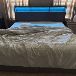 King Platform Bed Frame w/ LED Headboard, Power Outlets & Drawers — Optional Mattress