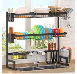 PUSDON Over Sink Dish Drying Rack (34"-45") 3 Tier, 2 Cutlery Holders Adjustable Dish Drainer for Kitchen Storage Countertop Organization, Stainless S